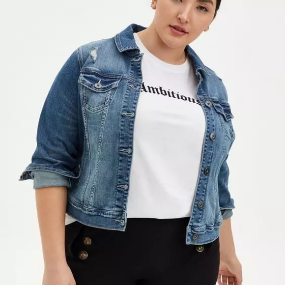 Torrid Distressed Denim Trucker Jacket - Medium Wash- NWOT- Size 4x - Picture 2 of 9